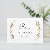 Eenvoudig modern elegant Gold Leaf Wedding RSVP Kaartje (Staand voorkant)