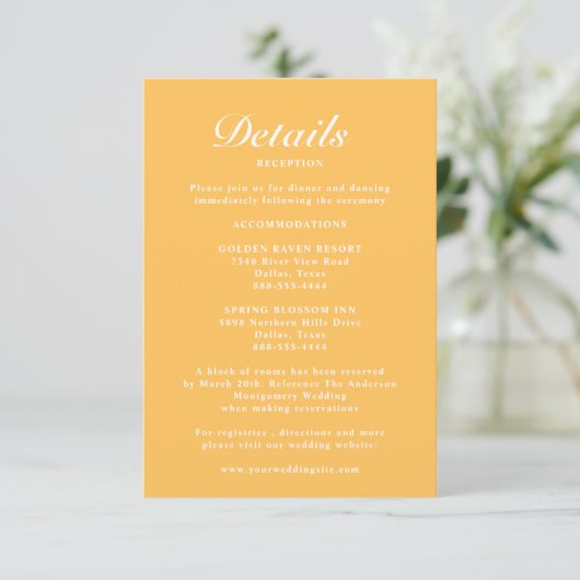 Eenvoudig, modern, elegant, heldergeel bruildsdeta informatiekaartje (Staand voorkant)