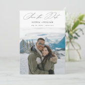 Eenvoudig Modern Elegant Script Winter Fotobruilof Save The Date (Staand voorkant)
