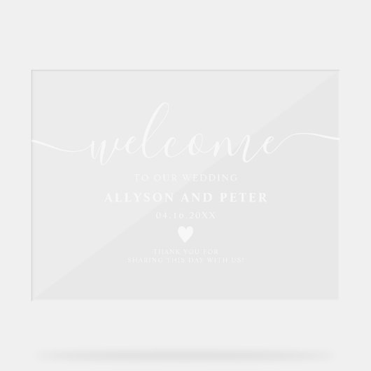 Eenvoudig modern elegant wit script bruiloft welko acryl bord (Voorkant)