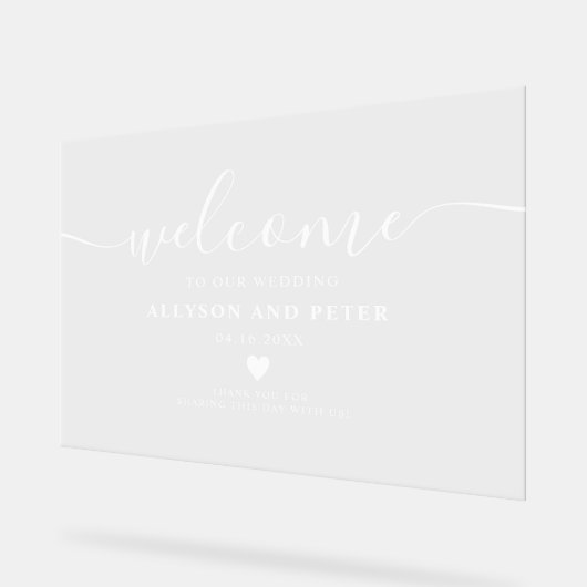 Eenvoudig modern elegant wit script bruiloft welko acryl bord (Hoek)