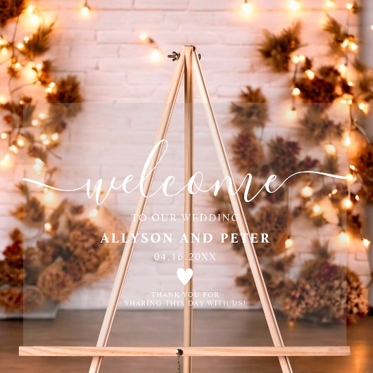 Eenvoudig modern elegant wit script bruiloft welko acryl bord