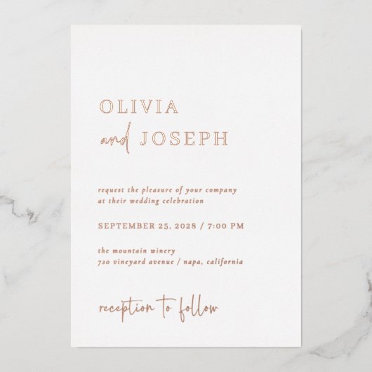 Eenvoudig modern en minimalistisch | Huwelijk Roos Folie Uitnodiging (Voorkant)