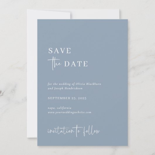 Eenvoudig Modern en Minimalistisch Stoffig Blauw | Save The Date (Voorkant)