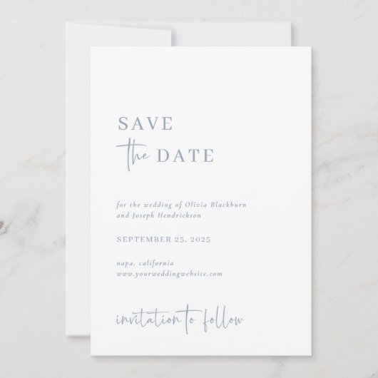Eenvoudig Modern en Minimalistisch Stoffig Blauw | Save The Date (Voorkant)