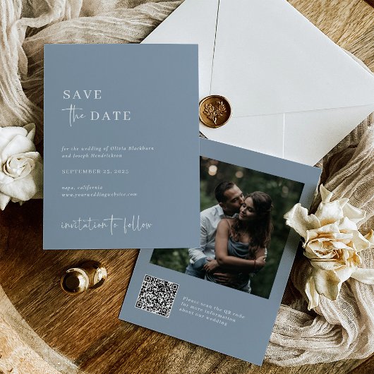 Eenvoudig Modern en Minimalistisch Stoffig Blauw | Save The Date