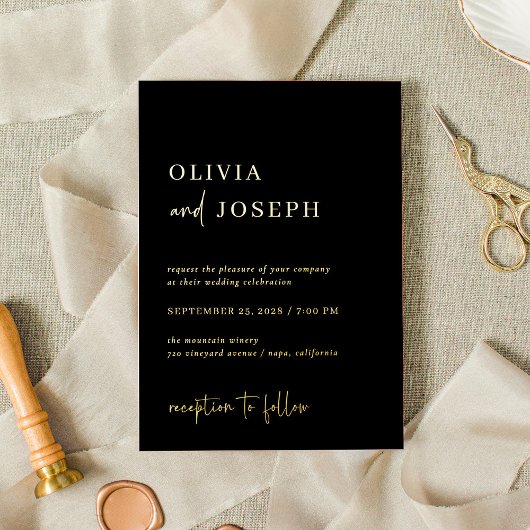 Eenvoudig modern en minimalistisch zwart | bruilof folie uitnodiging