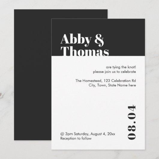 Eenvoudig, modern en minimalistisch zwart withuwel kaart (Voorkant / Achterkant)