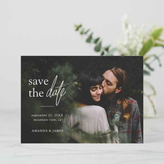 Eenvoudig modern fotohuwelijk save the date (Staand voorkant)