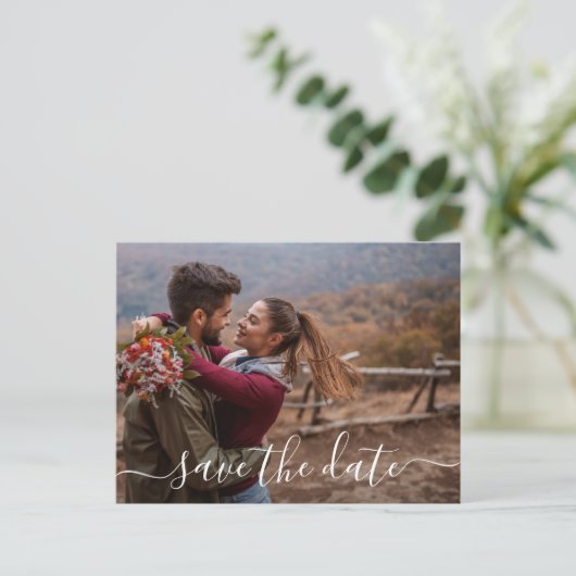 Eenvoudig modern fotohuwelijk sparen de datum aankondigingskaart (Staand voorkant)