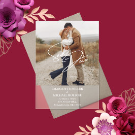 Eenvoudig modern fotohuwelijk sparen de datum acryl uitnodigingen