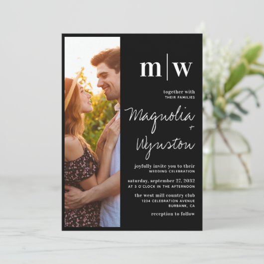 Eenvoudig modern fotomonogram bruiloft kaart (Staand voorkant)