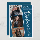 Eenvoudig Modern Fotostrips Blauw Afstuderen Aankondiging (Voorkant / Achterkant)