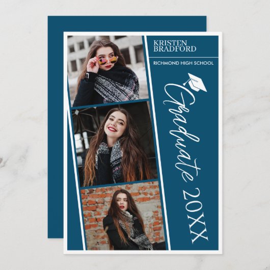 Eenvoudig Modern Fotostrips Blauw Afstuderen Aankondiging (Voorkant / Achterkant)