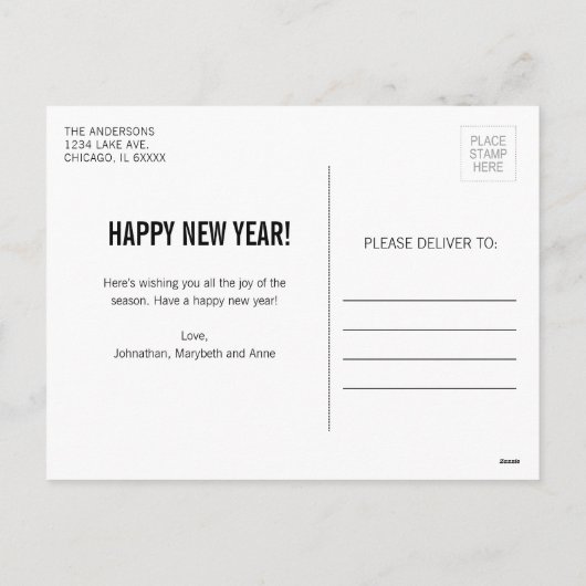 Eenvoudig, modern, gelukkig Briefkaart nieuwjaar (Achterkant)