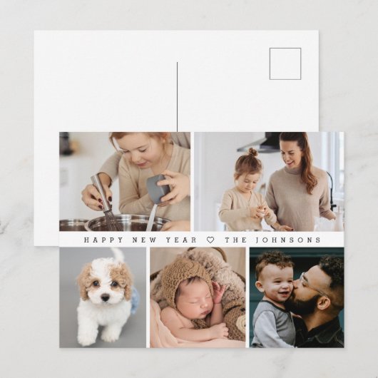 Eenvoudig modern, gelukkig nieuwjarig fotocollage feestdagenkaart (Voorkant / Achterkant)
