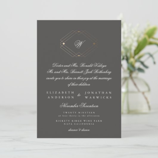 Eenvoudig modern Geometric Charcoal Gold Wedding Kaart (Staand voorkant)