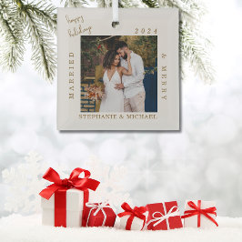 Eenvoudig Modern Getrouwd & Vrolijk Goud Script Fo Glas Ornament