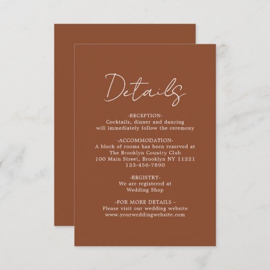 Eenvoudig modern gewoon terracotta Wedding Details Informatiekaartje (Voorkant / Achterkant)