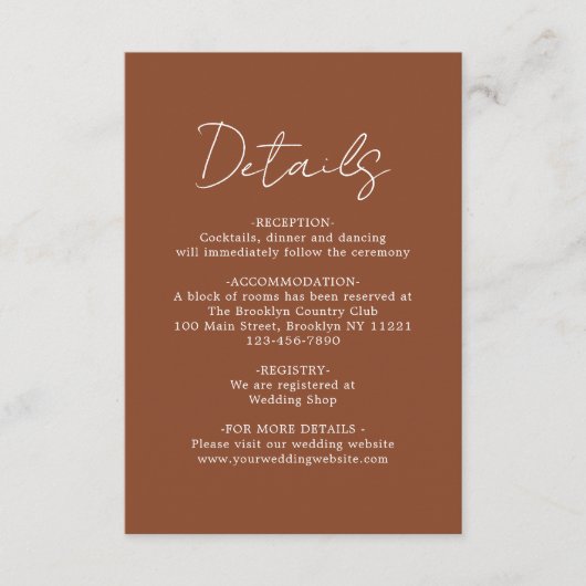 Eenvoudig modern gewoon terracotta Wedding Details Informatiekaartje (Voorkant)