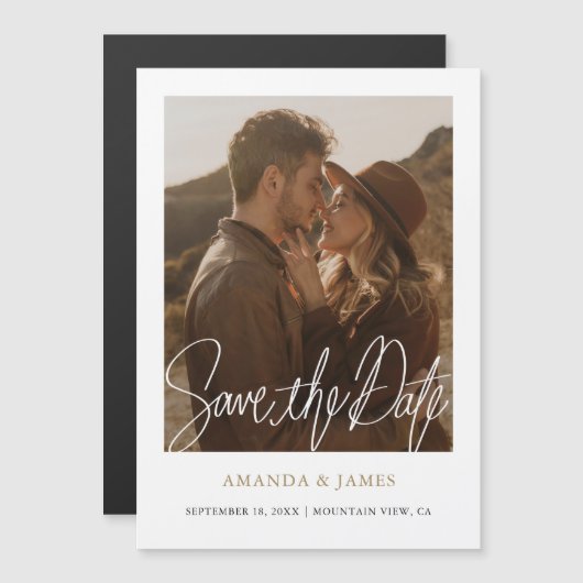 Eenvoudig modern Gold Photo Weddenschap Bespaar de Magnetische Uitnodiging (Voorkant / Achterkant)