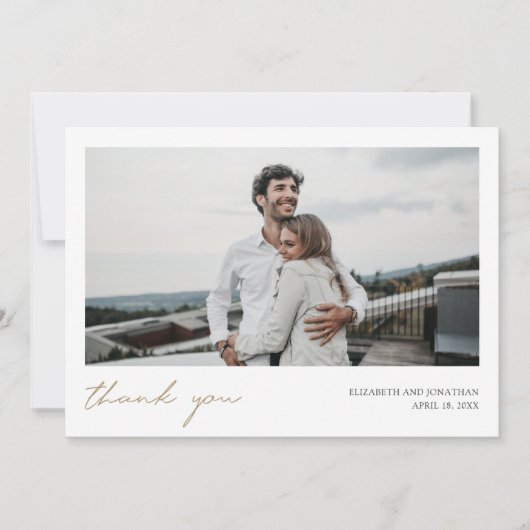 Eenvoudig Modern Gold Script Custom Photo Wedding Bedankkaart (Voorkant)