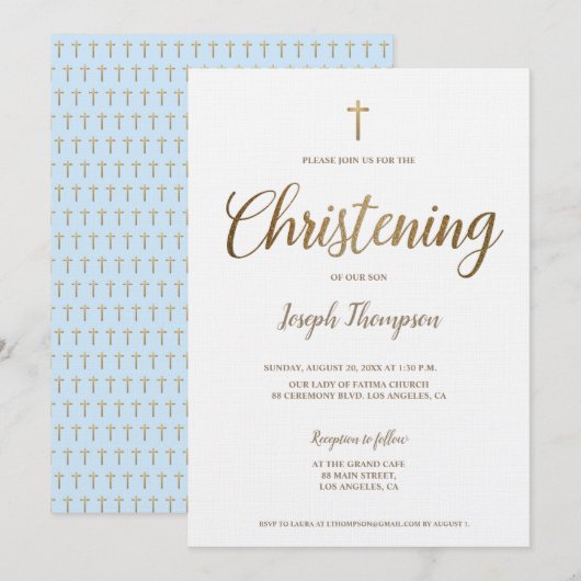 Eenvoudig Modern Goud Cross jongen blauw doopsel Kaart (Voorkant / Achterkant)