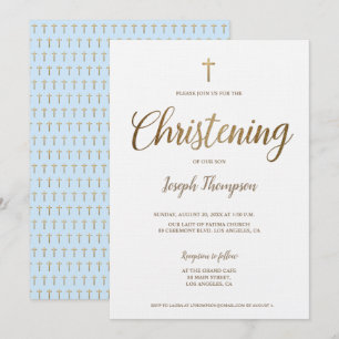 Eenvoudig Modern Goud Cross jongen blauw doopsel Kaart