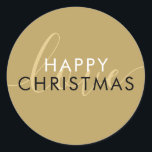 Eenvoudig Modern Goud Happy Christmas Script Liefd Ronde Sticker<br><div class="desc">Modern elegant script houdt van gouden ronde sticker voor u om te personaliseren met uw vakantiebericht. U kunt de achtergrondkleur aanpassen aan uw vakantiethema. Ontworpen door Thisnotme©</div>