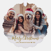 Eenvoudig Modern Goud Script 2 Foto Kerstmis Ornament Kaart (Voorkant)
