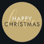 Eenvoudig modern goud vrolijk kerstschrift liefde ronde sticker<br><div class="desc">Moderne elegante script liefde gouden ronde sticker om te personaliseren met je vakantiebericht. Je kan de achtergrondkleur aanpassen om aan te sluiten bij je vakantiethema. Ontworpen door Thisisnotme</div>