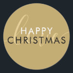 Eenvoudig modern goud vrolijk kerstschrift liefde ronde sticker<br><div class="desc">Moderne elegante script liefde gouden ronde sticker om te personaliseren met je vakantiebericht. Je kan de achtergrondkleur aanpassen om aan te sluiten bij je vakantiethema. Ontworpen door Thisisnotme</div>