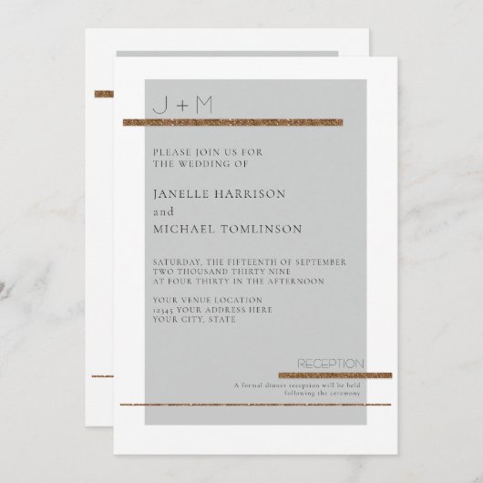 Eenvoudig, modern, grijs goudbruin huwelijk kaart (Voorkant / Achterkant)