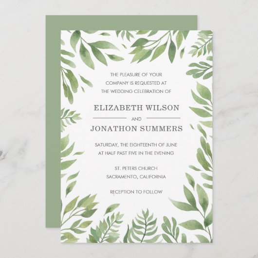 Eenvoudig modern groen Elegante rustieke bruiloft Kaart (Voorkant / Achterkant)