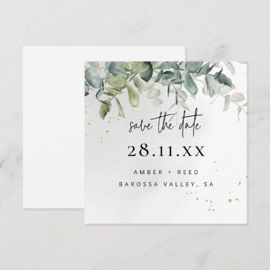 Eenvoudig modern groen en goudgroen vierkant save the date (Voorkant / Achterkant)