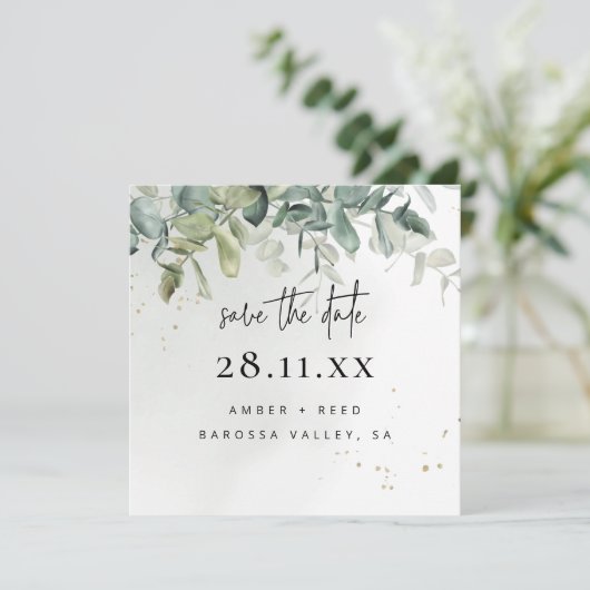 Eenvoudig modern groen en goudgroen vierkant save the date (Staand voorkant)