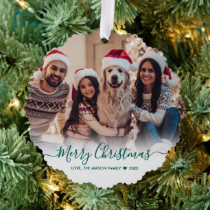 Eenvoudig Modern Groen Script 2 Foto Kerstmis Ornament Kaart