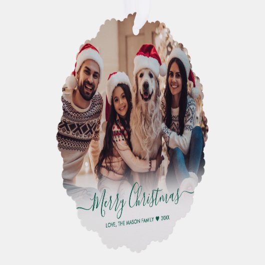 Eenvoudig Modern Groen Script 2 Foto Kerstmis Ornament Kaart (Rechts)
