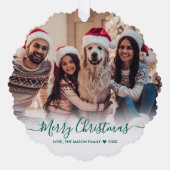 Eenvoudig Modern Groen Script 2 Foto Kerstmis Ornament Kaart (Voorkant)