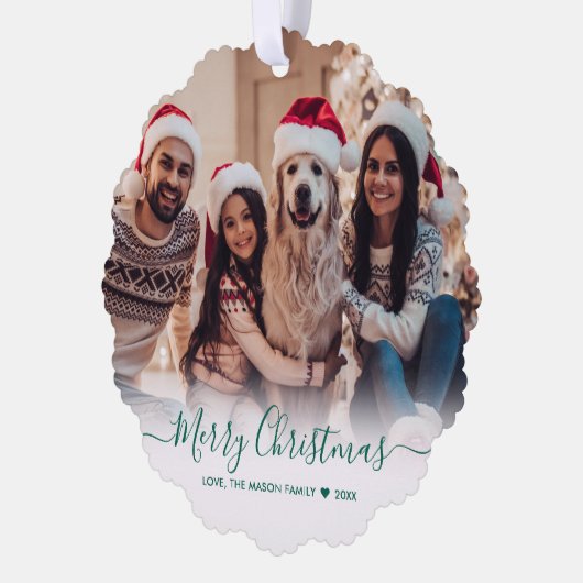 Eenvoudig Modern Groen Script 2 Foto Kerstmis Ornament Kaart (Links)