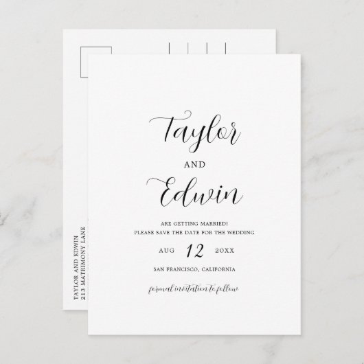 Eenvoudig modern hedendaags huwelijk sparen de dat aankondigingskaart (Voorkant / Achterkant)