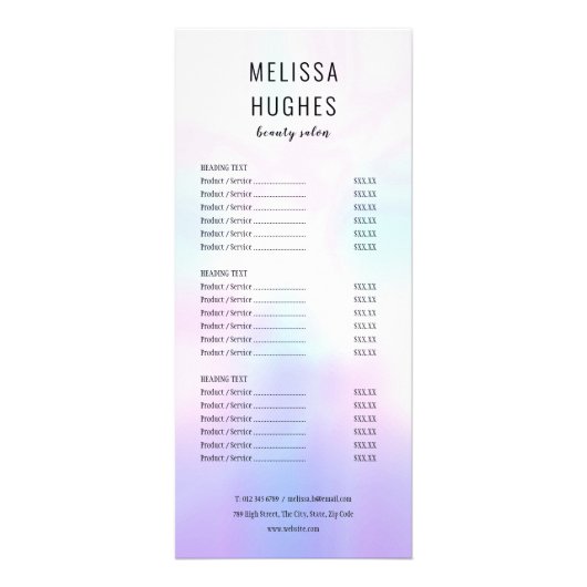Eenvoudig modern Holographic Salon Service Menu (Voorkant)
