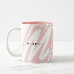 Eenvoudig modern initiaal en naam roze en wit tweekleurige koffiemok