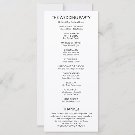 Eenvoudig modern kalligrafie bruiloft programma (Achterkant)