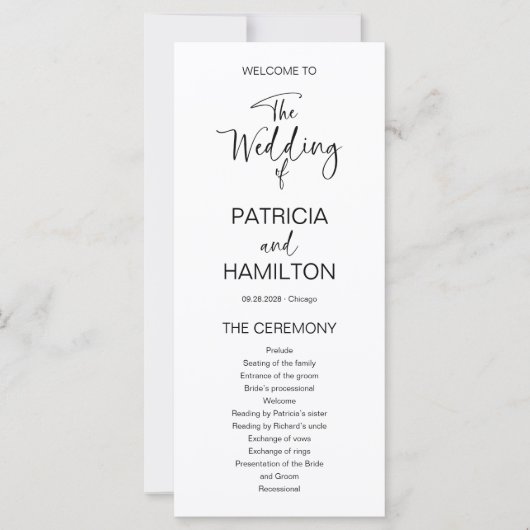 Eenvoudig modern kalligrafie bruiloft programma (Voorkant)