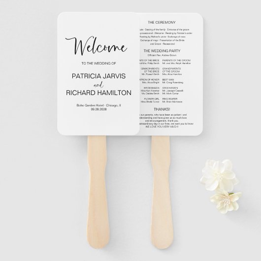 Eenvoudig modern kalligrafie bruiloft programma handwaaier (Voorkant en achterkant)