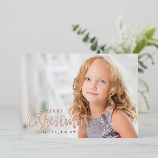 Eenvoudig, modern kerstfoto Roos Gold Folie Feestdagenkaart (Staand Voorkant)