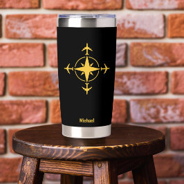 Eenvoudig Modern Kompas en Vliegtuig, Reis Custom Geïsoleerde Drinkbeker