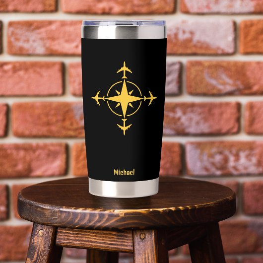 Eenvoudig Modern Kompas en Vliegtuig, Reis Custom Geïsoleerde Drinkbeker