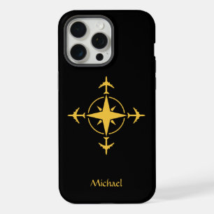 Eenvoudig modern kompas en vliegtuig, reis maatwer iPhone 15 pro max case